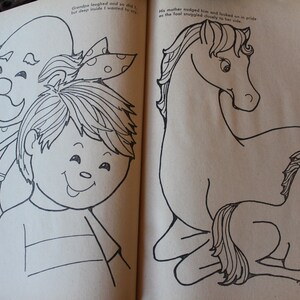 May include: A black and white illustration of a boy with a bow in his hair standing next to a man with a mustache and a polka dot tie. The text "Grandpa laughed and so did I, but deep inside I wanted to cry." is written above the illustration. On the right side of the page, a black and white illustration of a horse and a foal. The text "His mother nudged him and looked on in pride as the foal snuggled closely to her side." is written above the illustration.