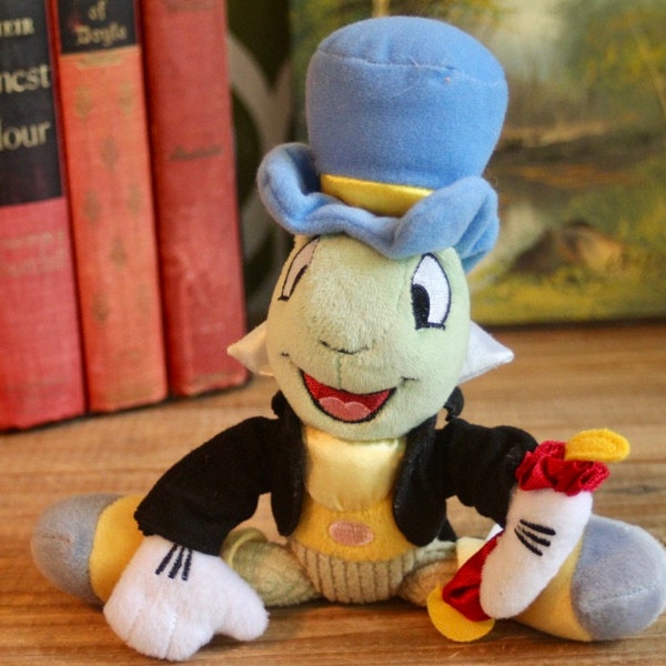 Vintage Jiminy Cricket Plush Doll, Disney Pinocchio Character by Snap Toys, 10" Stuffed Animal with Umbrella, Top Hat, & Coattails