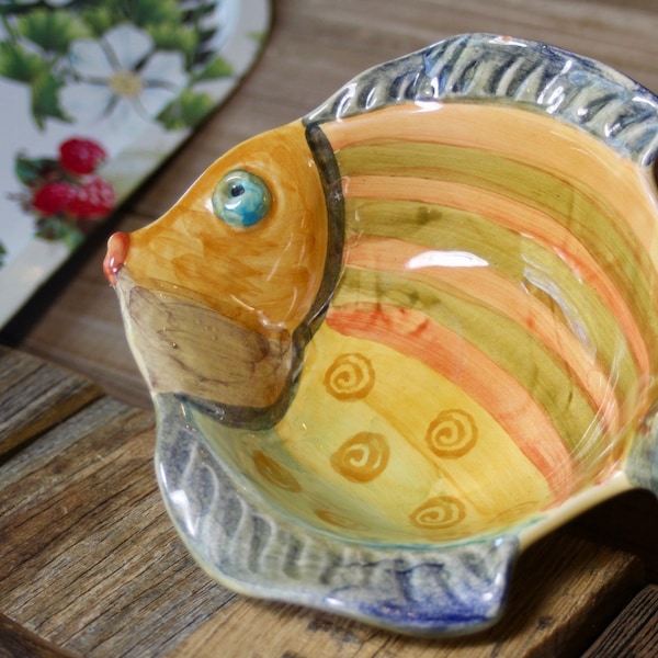 Hand Painted Figural Fish Bowl, Italy, Italian Ceramic Serving Dish, Ceramic Seafood Bowl for Tartar, Cocktail, Creole, Butter ...