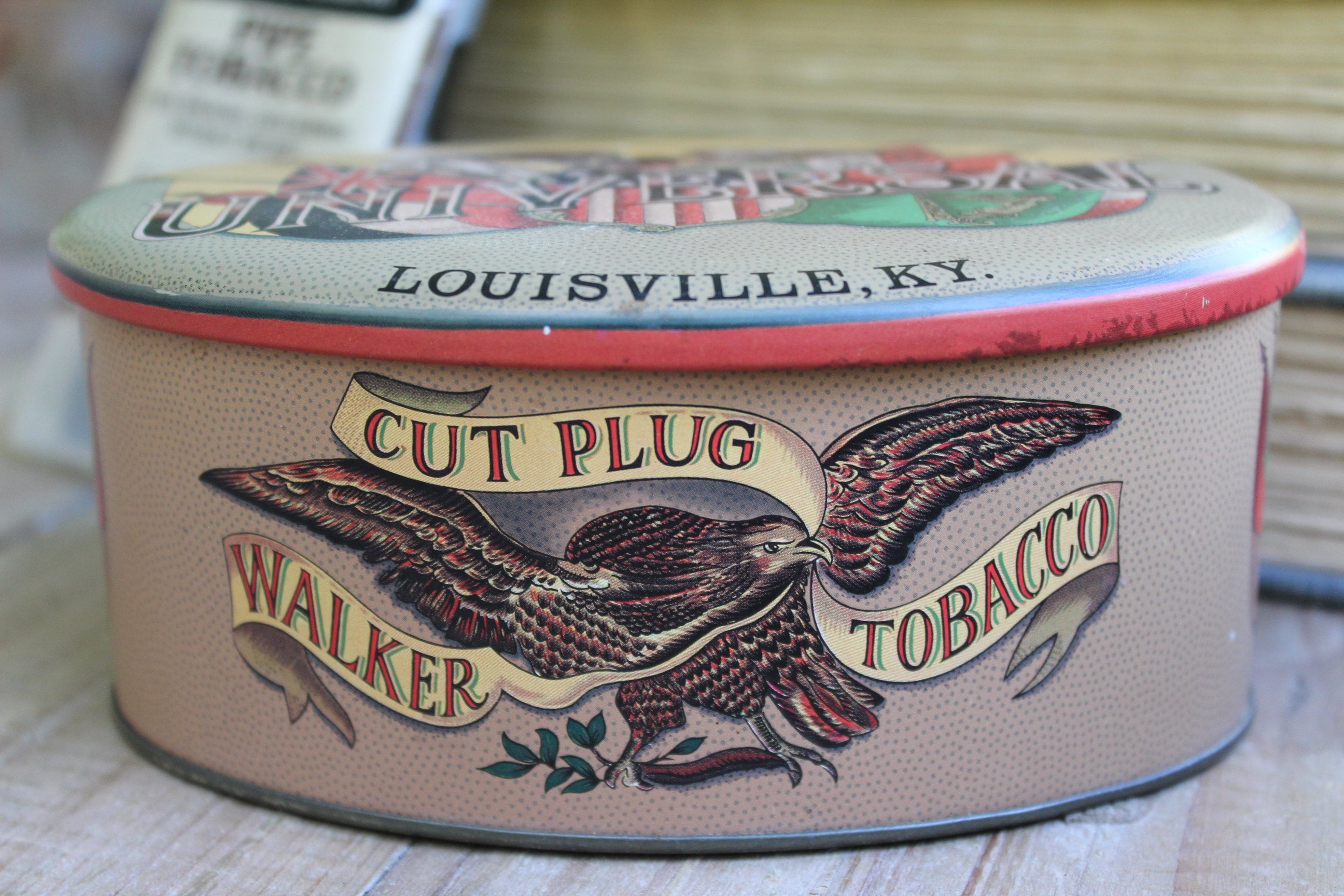 walker tobacco 1960s Tobacco Tin, Walker Tobacco Cut Plug Oval Tin, Universal Louisville,  KY, Designed by Daher , Made in England, Vintage Tobacco Tin