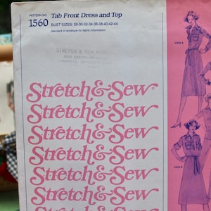 May include: A vintage sewing pattern for a dress and top. The pattern is for sizes 28 to 44 and is called "Stretch & Sew". The pattern shows three different views of the garment. The pattern is pink and white.