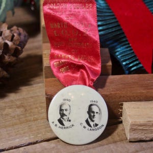 1940 Independent Order of Odd Fellows Lodge Button & Ribbon, Grand Forks, ND, Made by Sommer Badge Mfg. Co., A.B. Herrick and C.W. Langdon