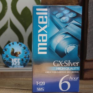 Vintage NOS Maxell Videocassette, 6 Hour GX-Silver High Quality T-120 VHS, Still in Cellophane
