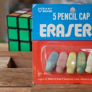 NOS 1980s Pencil Cap Erasers by Bear Brand, 5 in Package, Pastel Colors, No. 400B, Vintage Unopened School or Office Supplies