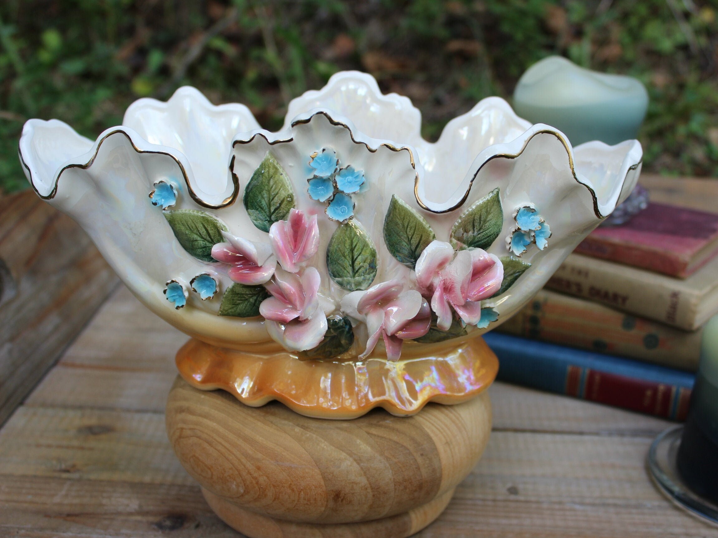 Vintage Capodimonte-Style Vase, Made in Japan Ornate Planter with Applied Flowers in High Luster Finish, Table and Mantel Centerpiece