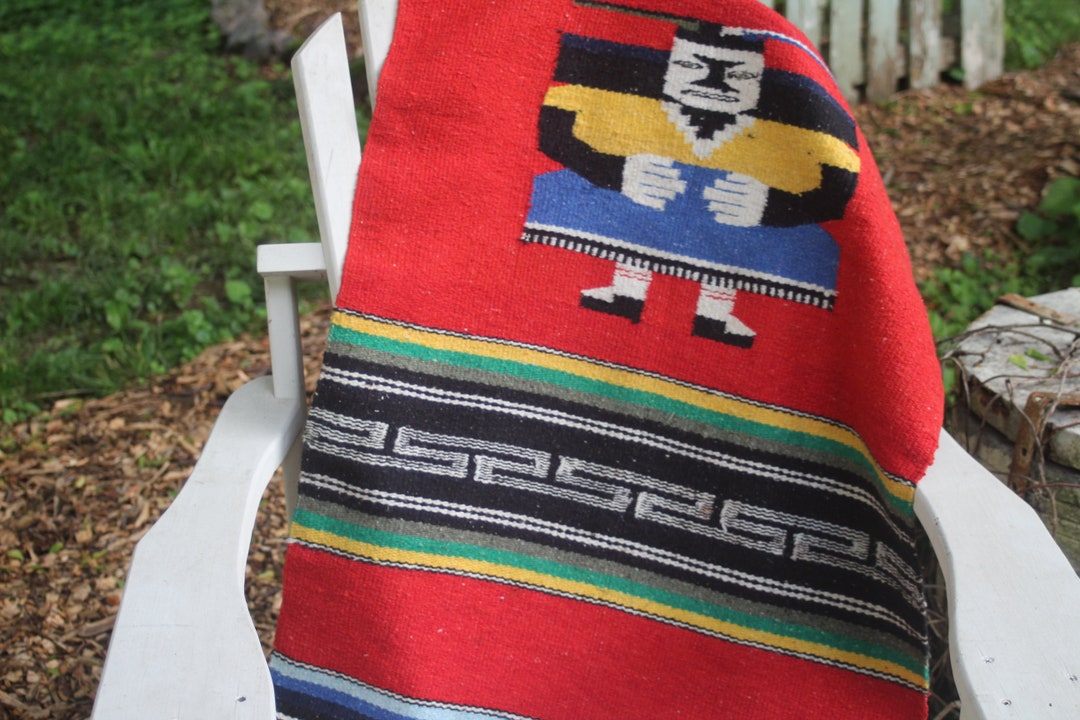 Vintage Aztec Woven Rug, Tribal Design in Primary Colors, 24