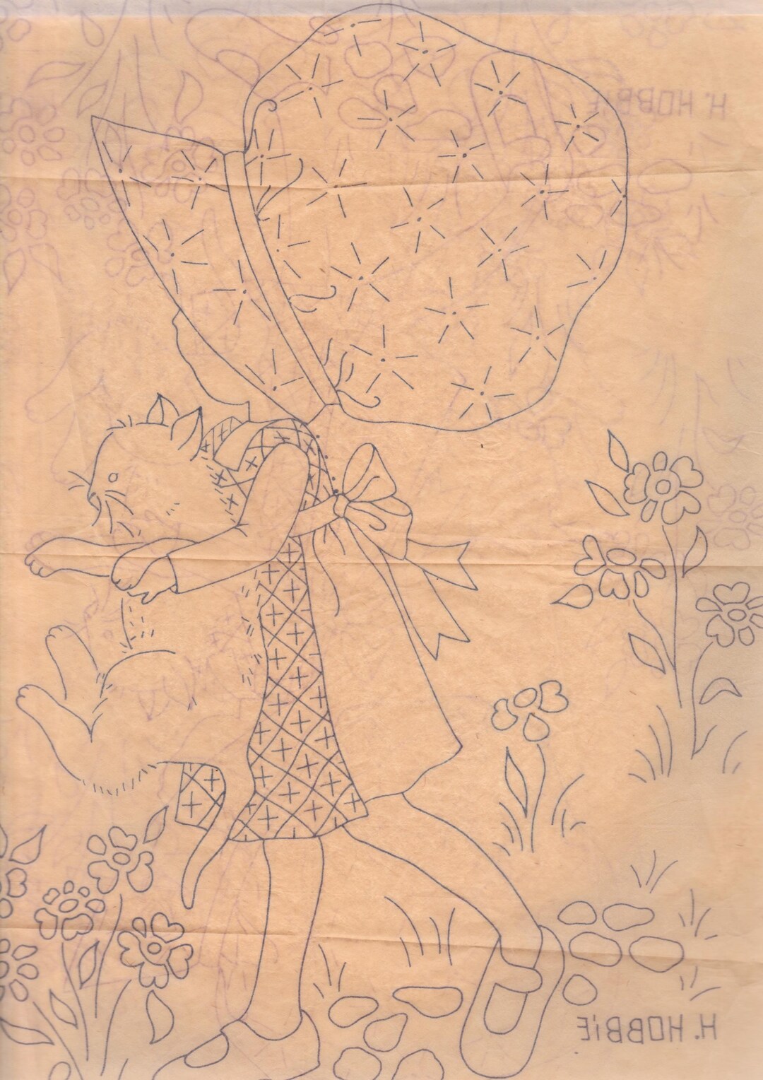 1970s Holly Hobbie With Her Cat Transfer, 14 X 17 Sewing Applique ...