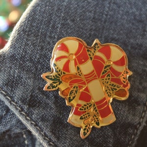 Vintage Enamel Crossed Candy Canes Pin, Christmas Brooch for Jacket, Sweater, Shirt, Purse, or Hat, Figural Candy Canes & Leaves Brooch