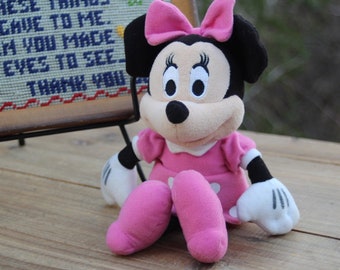 Vintage Disney Plush Minnie Mouse in Pink Polka Dots with Swinging Legs, 10" Stuffed Animal