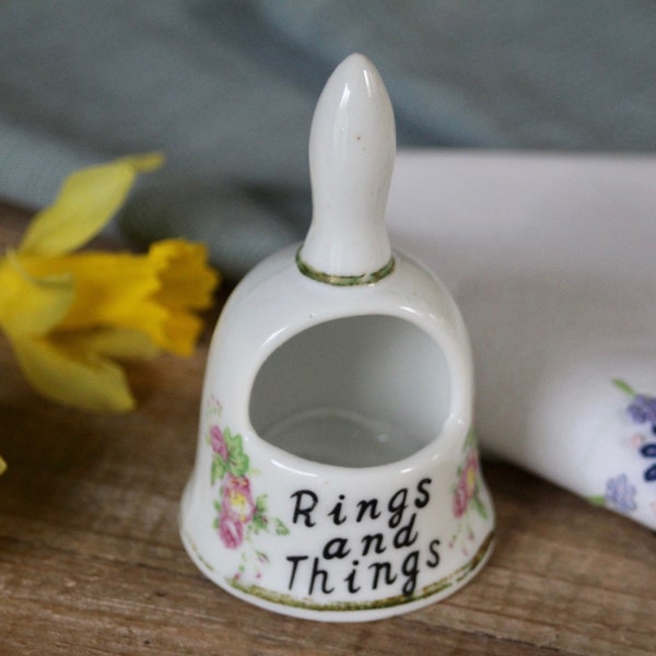 1950s Rings and Things Jewelry Holder in the Shape of a Bell, Hand Painted Vintage Ceramic Ring Holder