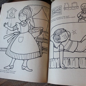 May include: A black and white illustration of a woman holding a bowl of food. The woman is wearing a dress with an apron. The text "Come on, you two, it's time to eat! And then I'll tell you 'bout I am beat!" is at the bottom of the page. On the right side of the page, a black and white illustration of a boy lying on a couch. The text "Just as I sprawled on the couch, Grandpa reached for his tobacco pouch." is at the top of the page.