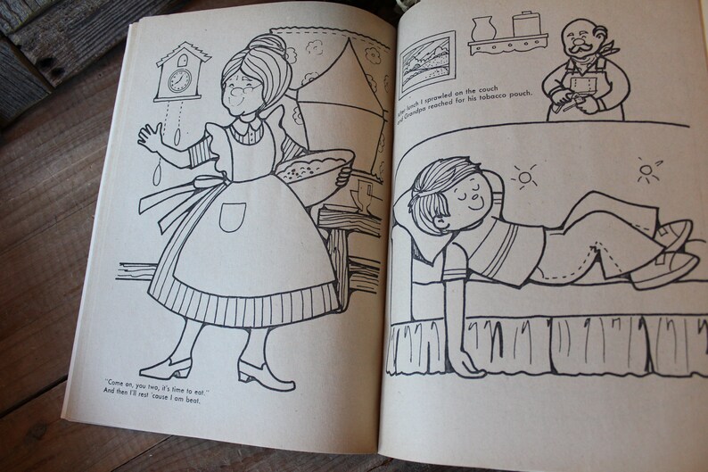 May include: A black and white illustration of a woman holding a bowl of food. The woman is wearing a dress with an apron. The text "Come on, you two, it's time to eat! And then I'll tell you 'bout I am beat!" is at the bottom of the page. On the right side of the page, a black and white illustration of a boy lying on a couch. The text "Just as I sprawled on the couch, Grandpa reached for his tobacco pouch." is at the top of the page.