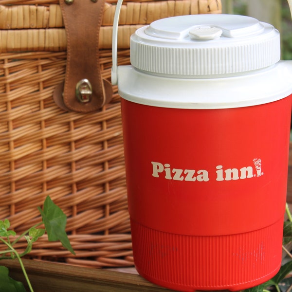 1980s Pizza Inn 1/2 Gallon Thermos w/ Handle, Vintage Red & White Gott Thermos, Rare 80s Pizza Inn Memorabilia with Jojo Mascot, TX Pizza Co