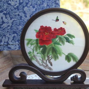 Suzhou Double Sided Embroidery, Fiery Red Shrub Roses with Butterflies, Solid Wood Frame, Stand, and Original Silk Box.  Chinese Embroidery.