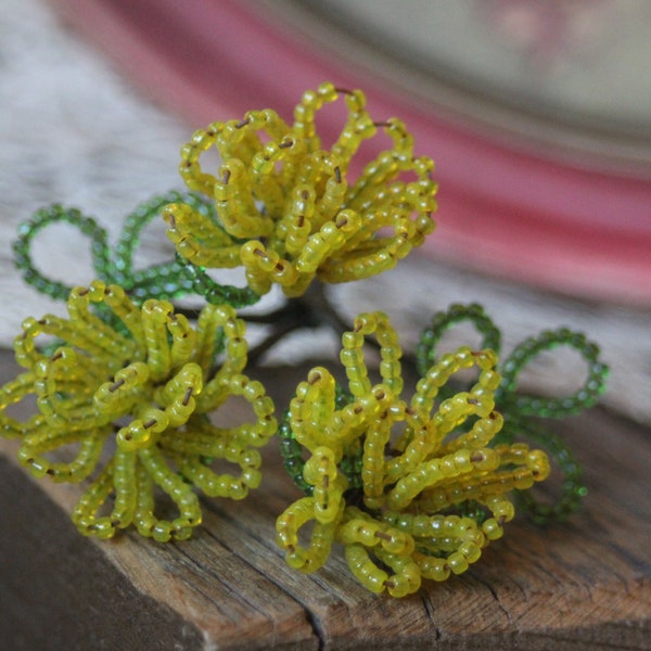 Vintage French Beaded Flower- Create Your Own Flower Bouquet or Arrangement, Glass Seed Bead Flower Cluster - Yellow Lantana