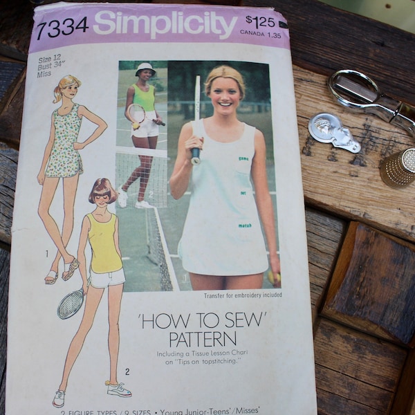 1976 Tennis Dress Pattern by Simplicity, Tennis Shorts & Top Pattern, "Game Set Match" Transfer for Embroidery Included, Volley Dress #7334