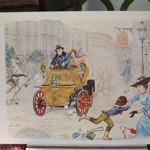 May include: A vintage yellow car with a black roof and a black leather interior. The car is driving down a street with buildings on either side. There are people in the car, including a man wearing a hat and a woman wearing a dress. The car has a license plate that says "1910".