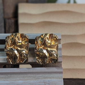 1980s Crushed Gold Color Pierced Earrings, Vintage Crumpled Gold Rectangle Stud Earrings