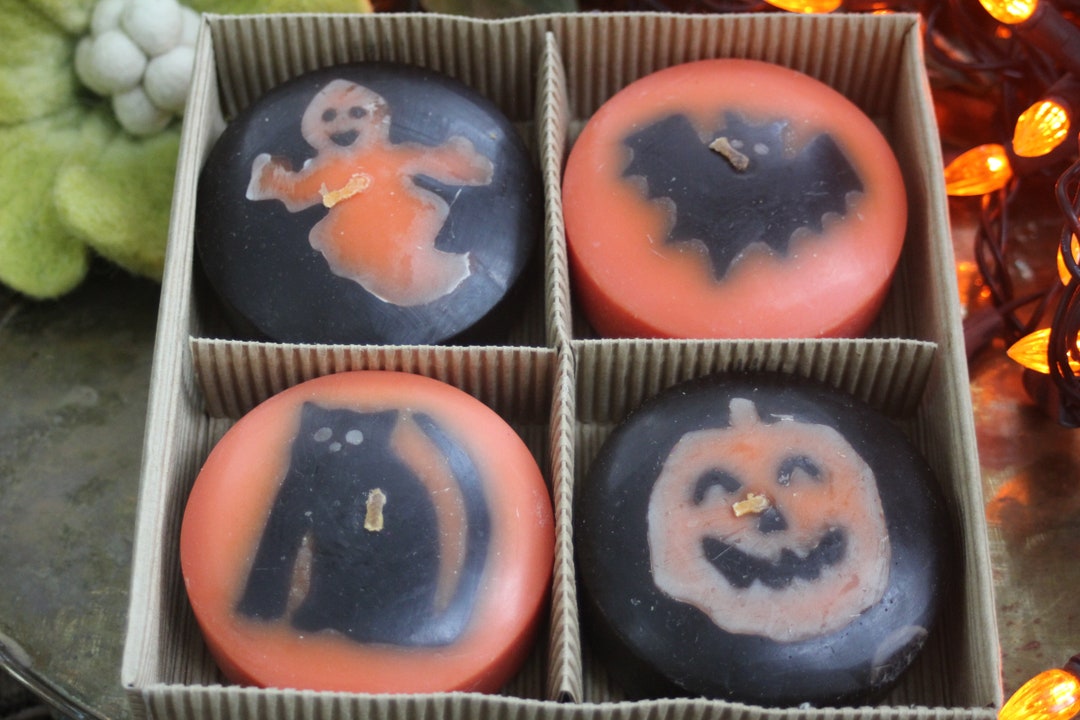 Vintage NOS Halloween Floating Candles, Box of 4 Orange & Black Ghost
