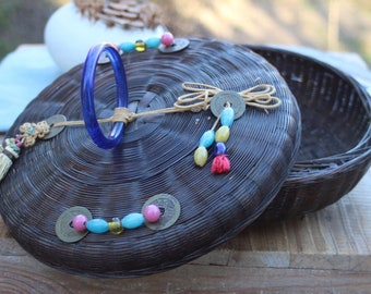Vintage Chinese Dark Wicker Sewing Basket with Azure Blue Bakelite Handle, Knot Tassels, Coins, & Colorful Beads