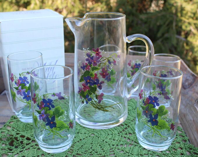 NOS Wild Violets Pitcher & Glasses W/ 22kt Gold, Set of 7, Avon