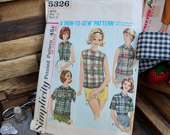 1963 Classic Plaid Button-Down Shirt Pattern by Simplicity- Sleeveless or Short Rolled Cuffs, Flat Collar, Roll Collar, or Collarless, #5326