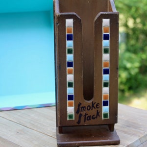 Mid-Century &quot;Smoke Stack&quot; Wooden Matchstick Holder with Small Tiles, Made in Japan, Decorative Fireplace Match Holder for Wall or Mantle
