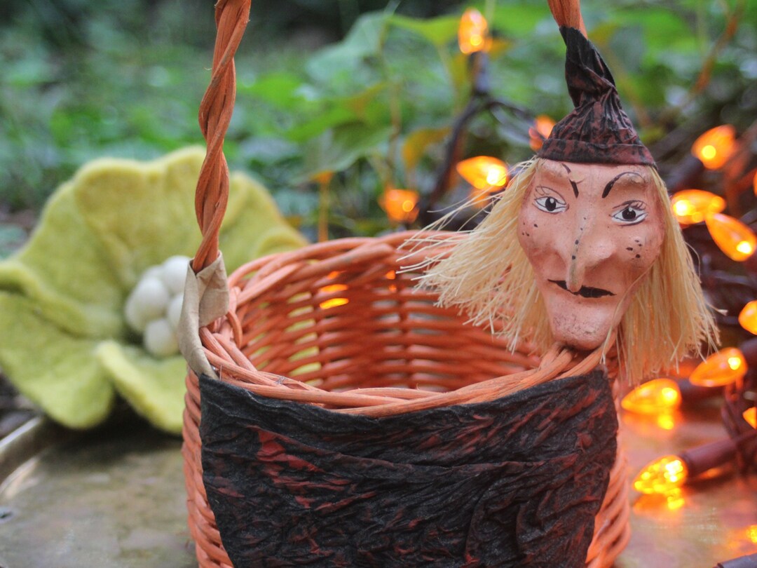 Vintage Paper Mache Witch Halloween Basket Orange Wicker With Etsy