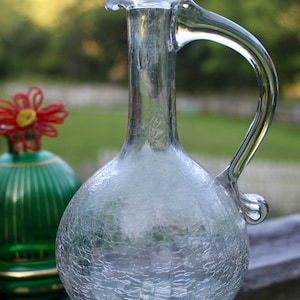Mid-Century Crackle Glass Pitcher or Vase, 7.5&quot; Tall Hand Blown Clear Caraffe