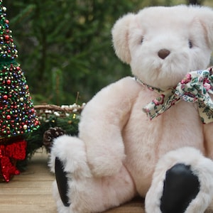 1992 Pale Pink Victoria's Secret Teddy Bear from Gund, Vintage Plush Bear with Floral Bow & Pleather Hands and Feet