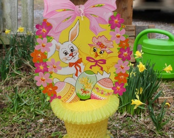 Vintage Easter Honeycomb Table Decoration, Easter Bunny & Easter Chick in a Basket, Honeycomb Easter Basket, Large Tissue Paper Decoration