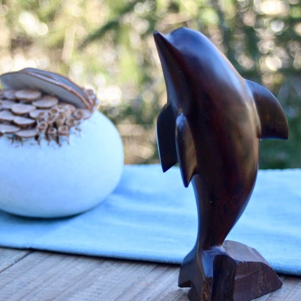 Ironwood Hand Carved Breaching Dolphin 7", Solid Wood Coastal Souvenir, Beach Cottage Decor, Figural Dolphin Statue