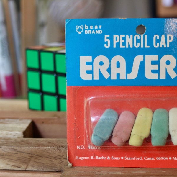 NOS 1980s Pencil Cap Erasers by Bear Brand, 5 in Package, Pastel Colors, No. 400B, Vintage Unopened School or Office Supplies