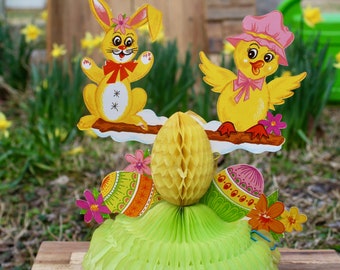 Vintage Easter Honeycomb Table Decoration, Easter Bunny & Easter Chick on a Seesaw, Honeycomb Easter Egg, Tissue Paper Decoration