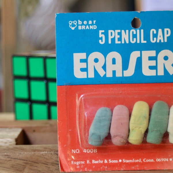 NOS 1980s Pencil Cap Erasers by Bear Brand, 5 in Package, Pastel Colors, No. 400B, Vintage Unopened School or Office Supplies