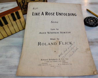 Celebrate Women's History Mo, Nashville Music History, 1940 Rare Sheet Music "Like a Rose Unfolding" Signed by Lyricist Alice Whitson Norton