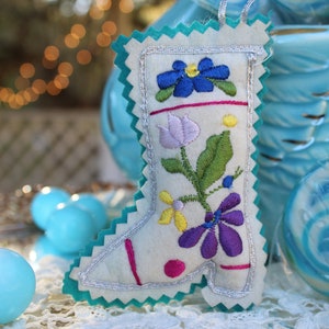 Embroidered Scandinavian Christmas Ornament, Miniature Swedish Folk Art Stocking for Christmas Tree, Embroidered Cloth Boot Ornament