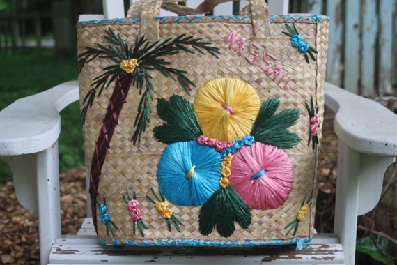 Mid century Nassau Woven Straw Raffia Beach Bag Large Bahamas Top Handle Travel Bag With Raffia Palm Tree and Colorful Flowers Etsy Norway