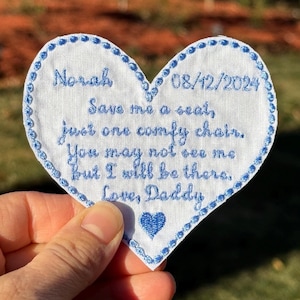 Personalized Wedding Dress Patch / Embroidered Something Blue Patch / Wedding Keepsake for Bride from father in heaven / Save Me a Seat