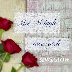 Personalized White Lace Wedding Toss Garters / Gift For Bride / Something Blue Toss Garters / Nice Catch Garter / You Are Next Garter
