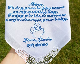 Personalized Wedding Handkerchief For Mother of the Bride / Wedding / To Mom From Daughter /  Embroidered Personalized Handkerchief for Mom