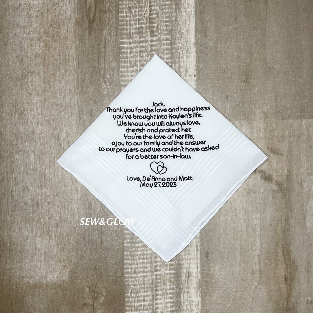 To Our Son in Law on Wedding Day / Embroidered Wedding Handkerchief for ...