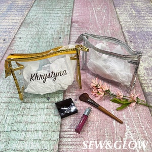 Bridesmaid Makeup Bags / Gold Silver Cosmetic Bag / Clear Personalized Makeup Bag / Cute Bridesmaid Gift Ideas / Bridesmaid Keepsake Gift