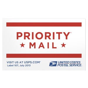 May include: White rectangular label with red horizontal stripes and text that reads "PRIORITY MAIL" with stars. The bottom right corner has the United States Postal Service logo and text. The label also includes the text "VISIT US AT USPS.COM".