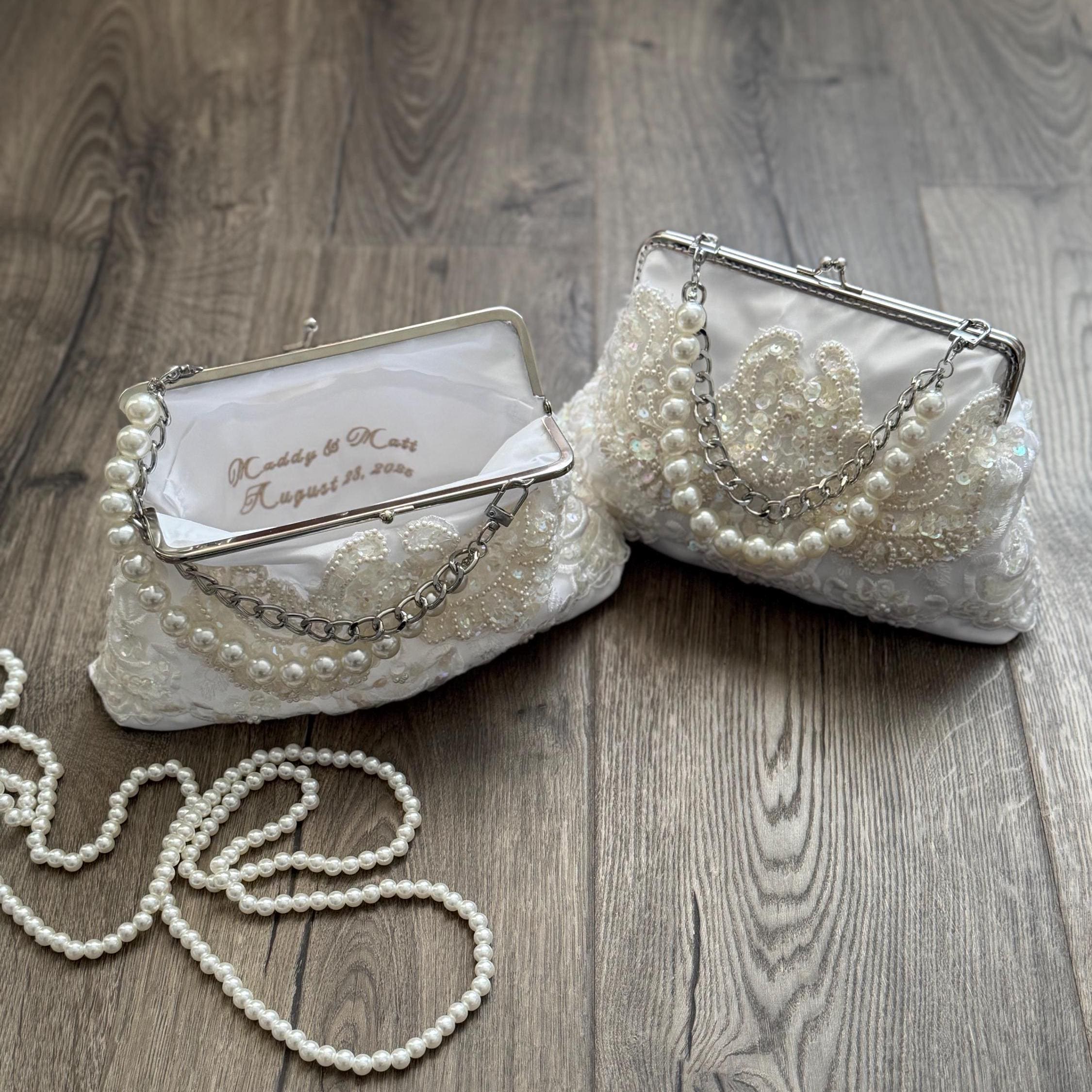 Petit Sac Soirée Next Rose Violet Satin - Longue Sangle, Perles, Pour Mariage Ou Fête