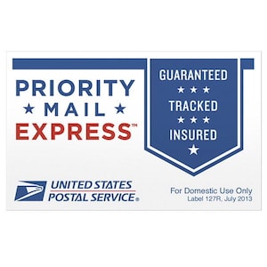 May include: A rectangular white and blue label with the words "PRIORITY MAIL EXPRESS" in red and blue. The label also includes the text "GUARANTEED TRACKED INSURED" and the United States Postal Service logo.