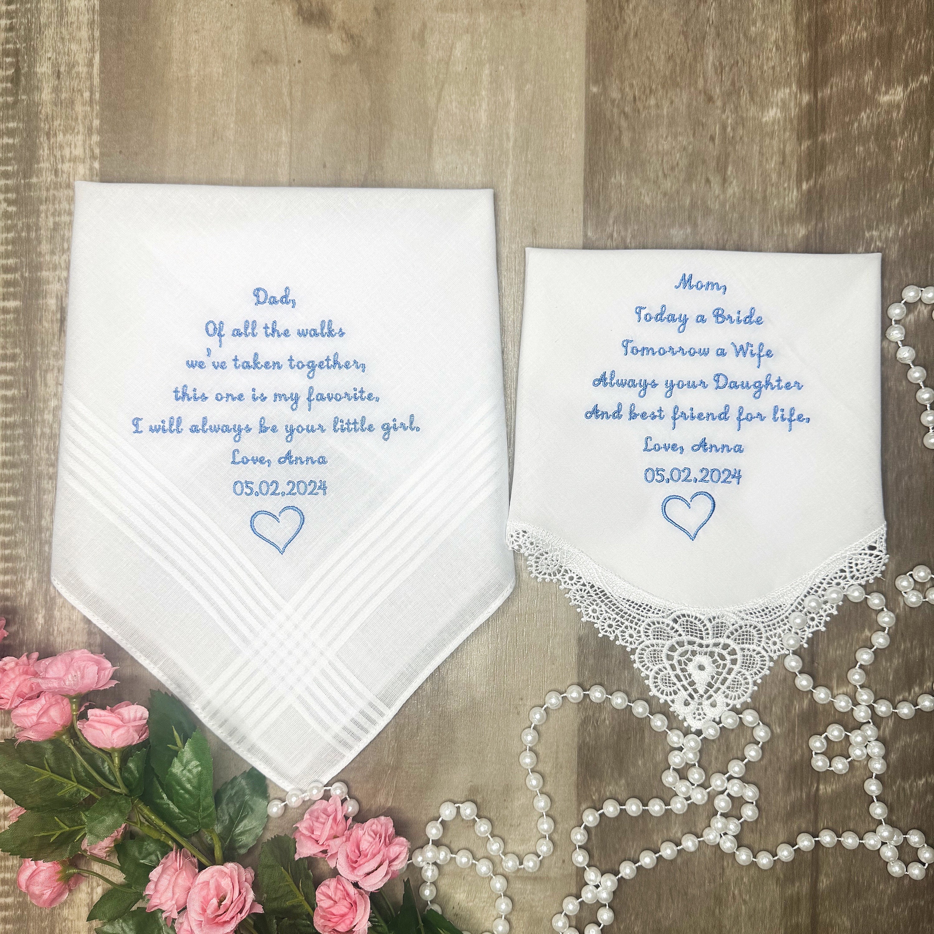 Embroidered Wedding Handkerchiefs for Mom and  Dad, Mother of the Bride Wedding Gift with Custom Text, Wedding Keepsake Gift from Daughrer