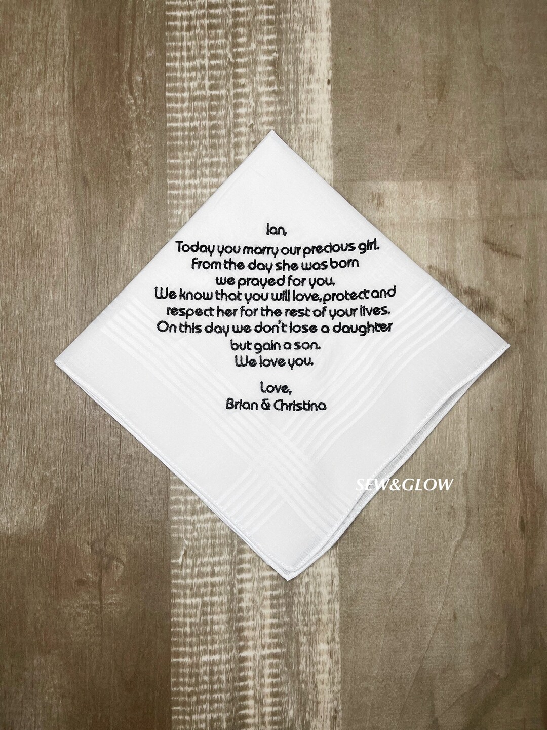 To Our Son in Law on Wedding Day / Embroidered Wedding Handkerchief for ...