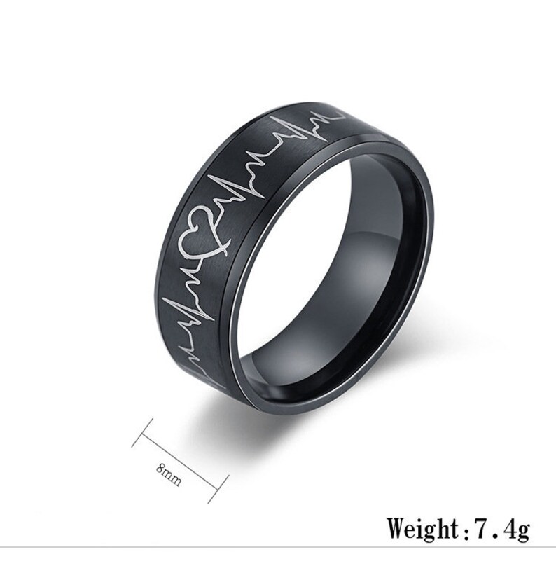 Promise rings for couplesBlack Titanium RingECG Heartbeat Etsy