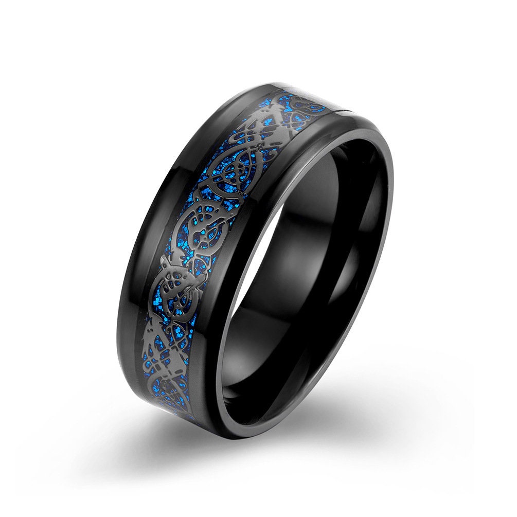 Blue Celtic Dragon Titanium Steel Ring Mens Wedding Band | Etsy